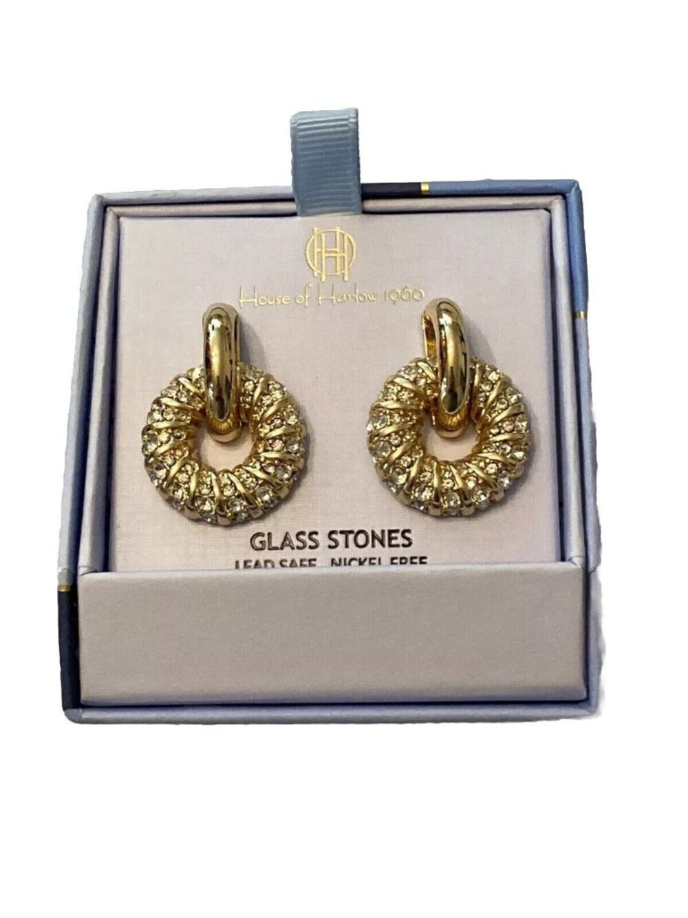 House of Harlow 1960 Door Knocker Gold Tone Earrings Glass Stone Nickel Free NIB